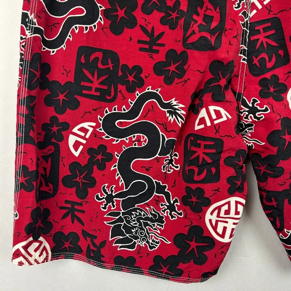 Ocean Pacific OP Vintage Red Chinese Dragon Board Shorts Swim Trunks Men's 34